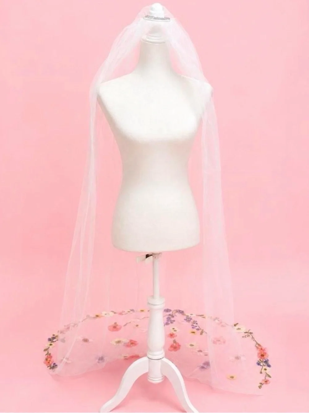 Bridal Cathedral Veil with Hand-Appliquéd Floral Accents - White